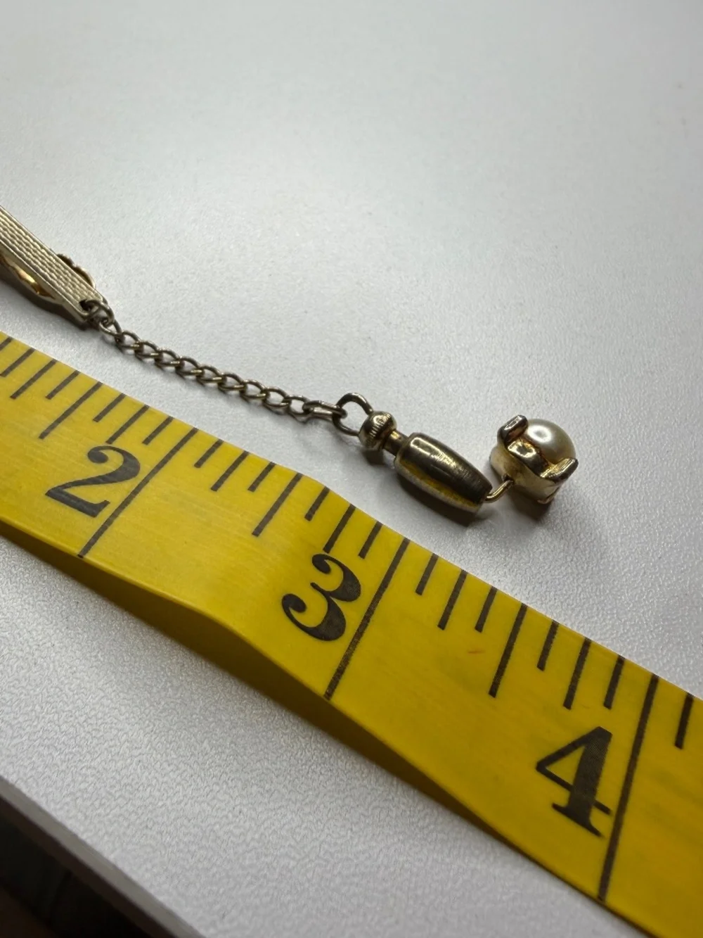 Vintage Gold Tone Hickok USA Tie Clip with Chain & Faux Pearl Drop 3.5